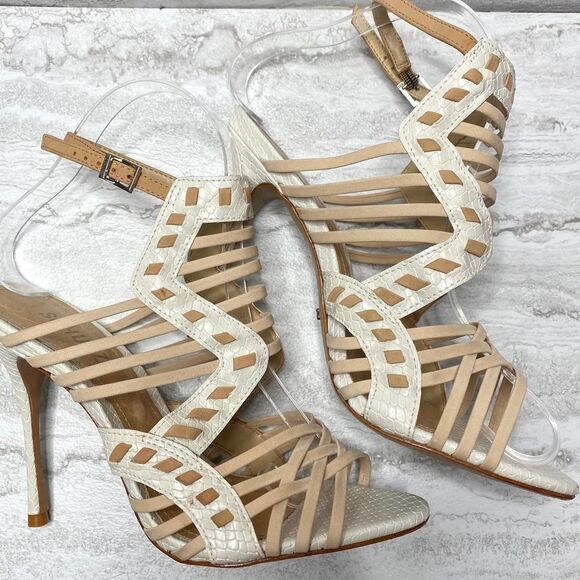 SCHUTZ Snake Print Caged High Heels Leather Sole White Tan Open Toe Ankle Strap - Picture 1 of 16